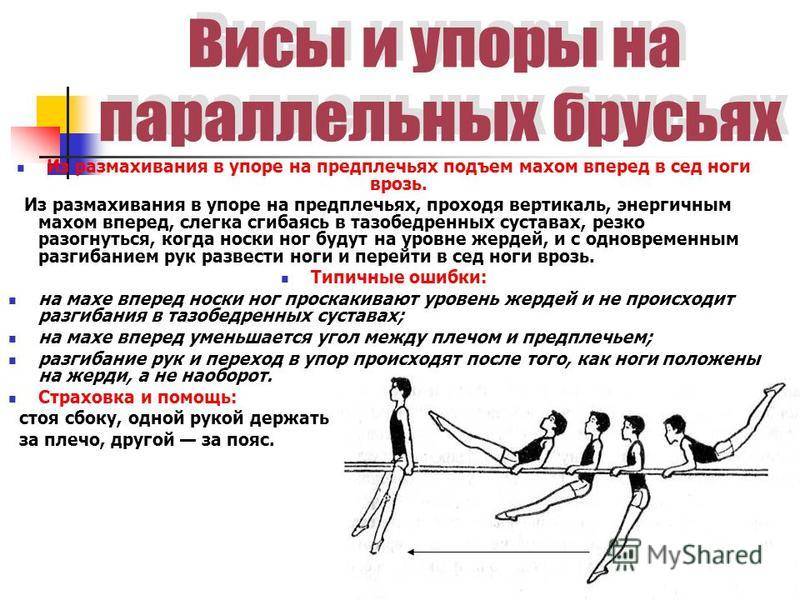 Упражнение 21 соскок махом вперед на брусьях